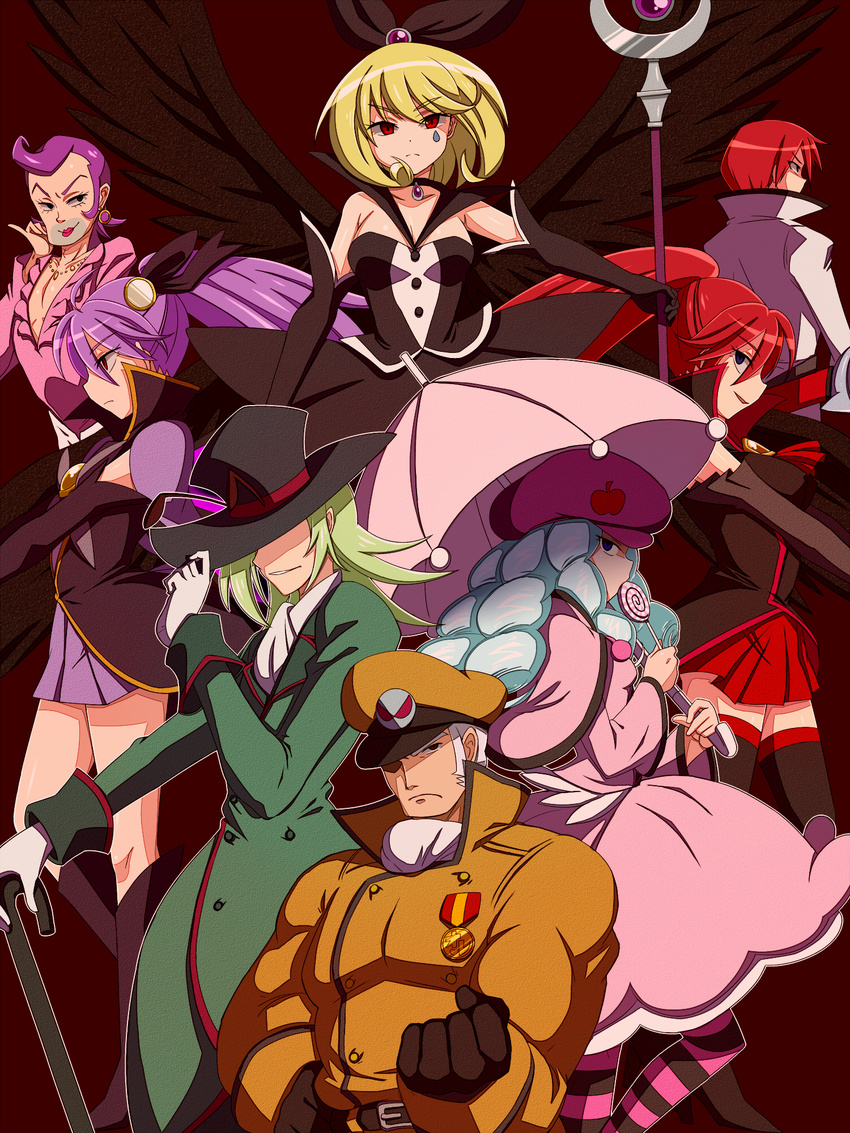 4girls black_gloves black_wings blonde_hair blue_eyes blue_hair breasts candy choker cleavage commentary_request crescent_wand cure_tender elbow_gloves facial_mark food genderswap_(mtf) gloves green_hair happinesscharge_precure! hat highres hikawa_maria hosshiwa konboi-eg light_blue_hair lips long_hair looking_at_viewer madam_momere medium_breasts military military_hat military_uniform multiple_girls namakeruda oresky phantom_(happinesscharge_precure!) pink_hat ponytail precure purple_hair queen_mirage red_eyes red_hair red_skirt ringlets rule_63 short_hair skirt staff striped teardrop_facial_mark umbrella uniform unlovely_(happinesscharge_precure!) white_hair wide_ponytail wings