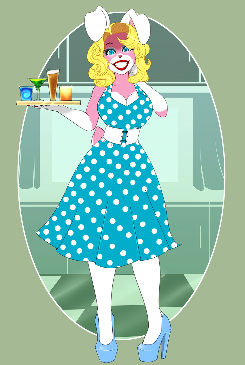 absurd_res alcohol beverage big_breasts blonde_hair blue_clothing breasts clothed clothing cocktail cocktail_glass container corset creepy_grin creepy_smile cup domestication dress drinking_glass empty_eyes female food footwear fruit fully_clothed fur glass glass_container glass_cup hair hi_res high_heels housewife kitchen lagomorph legwear leporid lingerie looking_at_viewer mammal markings martini micki mind_control mole_(marking) olive_(fruit) pink_body pink_fur plant platform_footwear platform_heels polka_dots rabbit rael_bunni_(character) shoes smile solo stepfordization stockings topwear tray