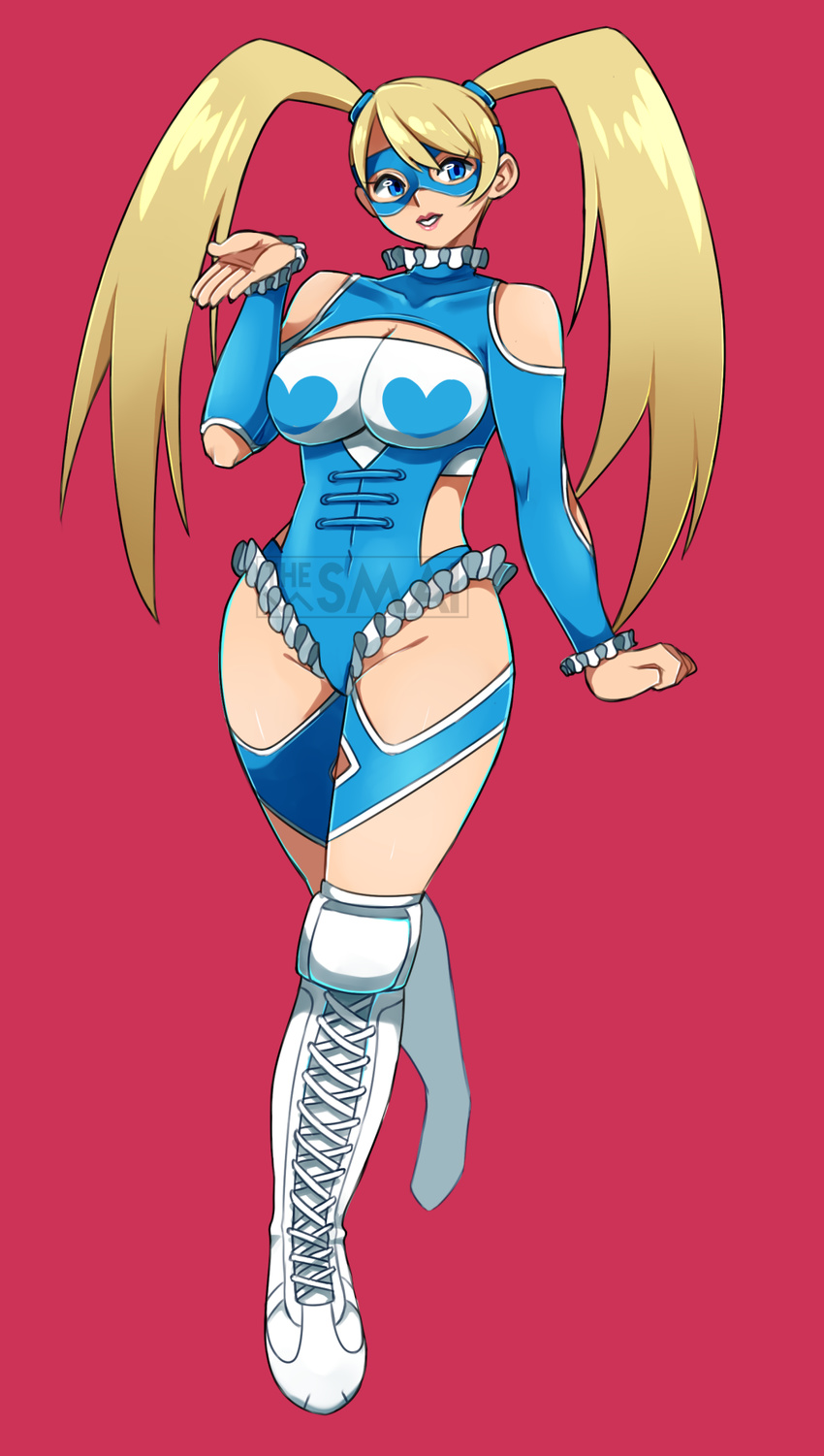 blonde_hair breasts cleavage cleavage_cutout domino_mask female full_body heart looking_at_viewer mask rainbow_mika street_fighter street_fighter_alpha_3 the_smai twintails wrestling_outfit