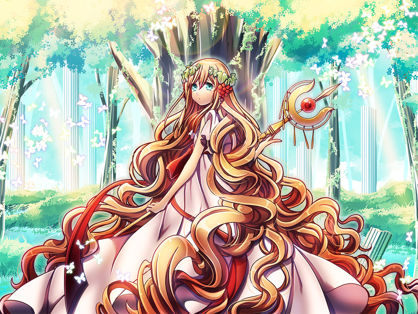 absurdly_long_hair blonde_hair blue_eyes commentary_request dress female food forest fruit grapes long_hair looking_at_viewer magi_the_labyrinth_of_magic nature plant scheherazade_(magi) solo staff suou_sakura tree very_long_hair