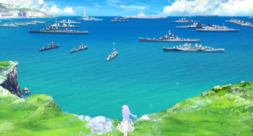 aircraft_carrier anime_screenshot atlanta_class_light_cruiser azur_lane battleship benson_class_destroyer black_ribbon dress female fletcher_class_destroyer hair_ribbon highres hms_hood hms_queen_elizabeth hms_renown hms_repulse hms_vallant lexington_class_aircaft_carrier long_hair mahan_class_destroyer military military_vehicle outdoors purple_hair ribbon richelieu_(battleship) ship thighhighs town_class_light_cruiser unicorn_(azur_lane) very_long_hair warship watercraft white_dress white_thighhighs yorktown_class_aircraft_carrier