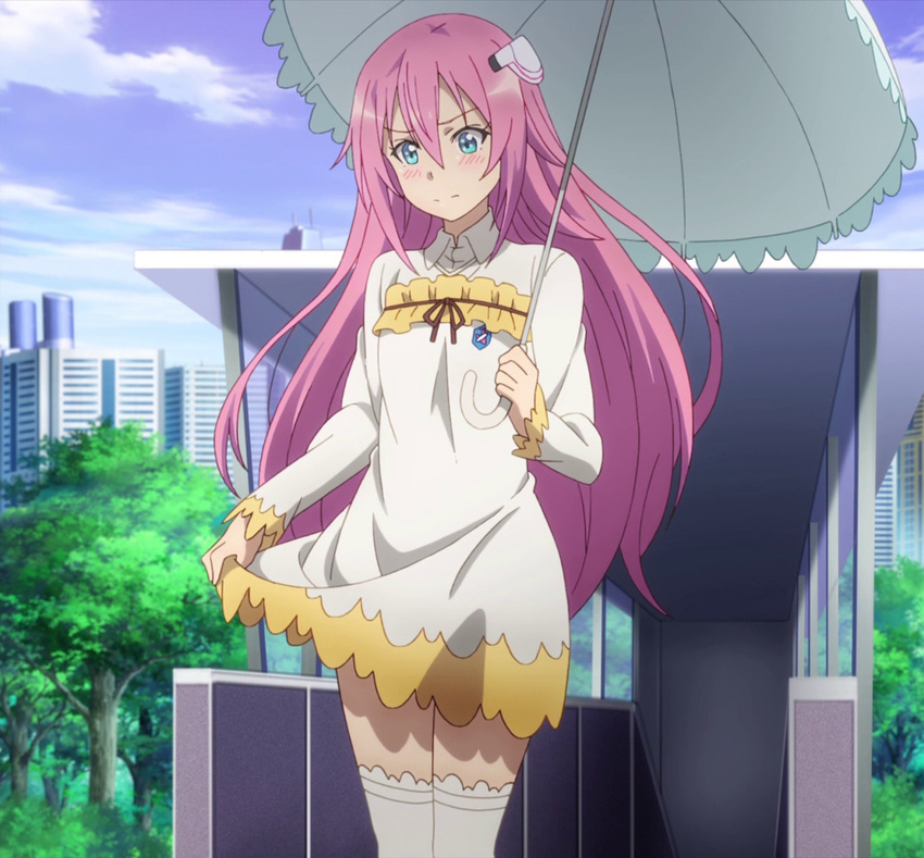 female gakusen_toshi_asterisk green_eyes julis-alexia_von_riessfeld long_hair pink_hair screencap skirt skirt_lift solo thighhighs umbrella