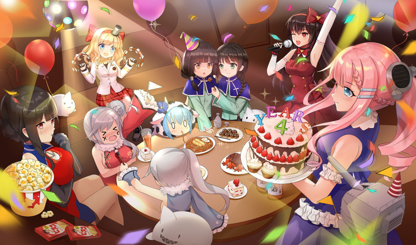 6+girls aoba_(warship_girls_r) arm_up armpits balloon black_hair blonde_hair blue_hair cake celebration chinese_clothes commentary_request eating food highres legion_(warship_girls_r) multiple_girls ning_hai_(warship_girls_r) party pasta photoshop_(medium) ping_hai_(warship_girls_r) plate popcorn quincy_(warship_girls_r) spaghetti table tamaxi warship_girls_r yat_sen_(warship_girls_r)