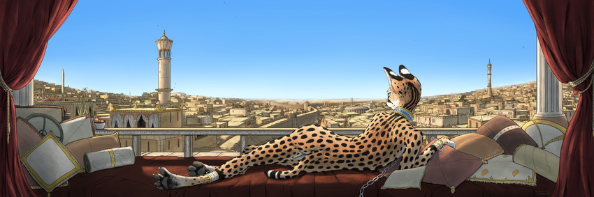 2016 3:1 4_toes anthro ass balcony blue_eyes bondage bondage bound building captured casual_nudity chain_leash chains city cityscape collar collar_only conditional_dnp cuff_(restraint) curtains day detailed_background digital_media_(artwork) digitigrade ears_up feet felid feline female fur furniture hi_res horizon leash looking_outside lounging lying mammal markings mosque nude on_side panoramic pawpads pillow restraints serval shackles sky slave sofa solo spots spotted_body spotted_fur stretching tasteful_nudity titusw toes tower window window_seat