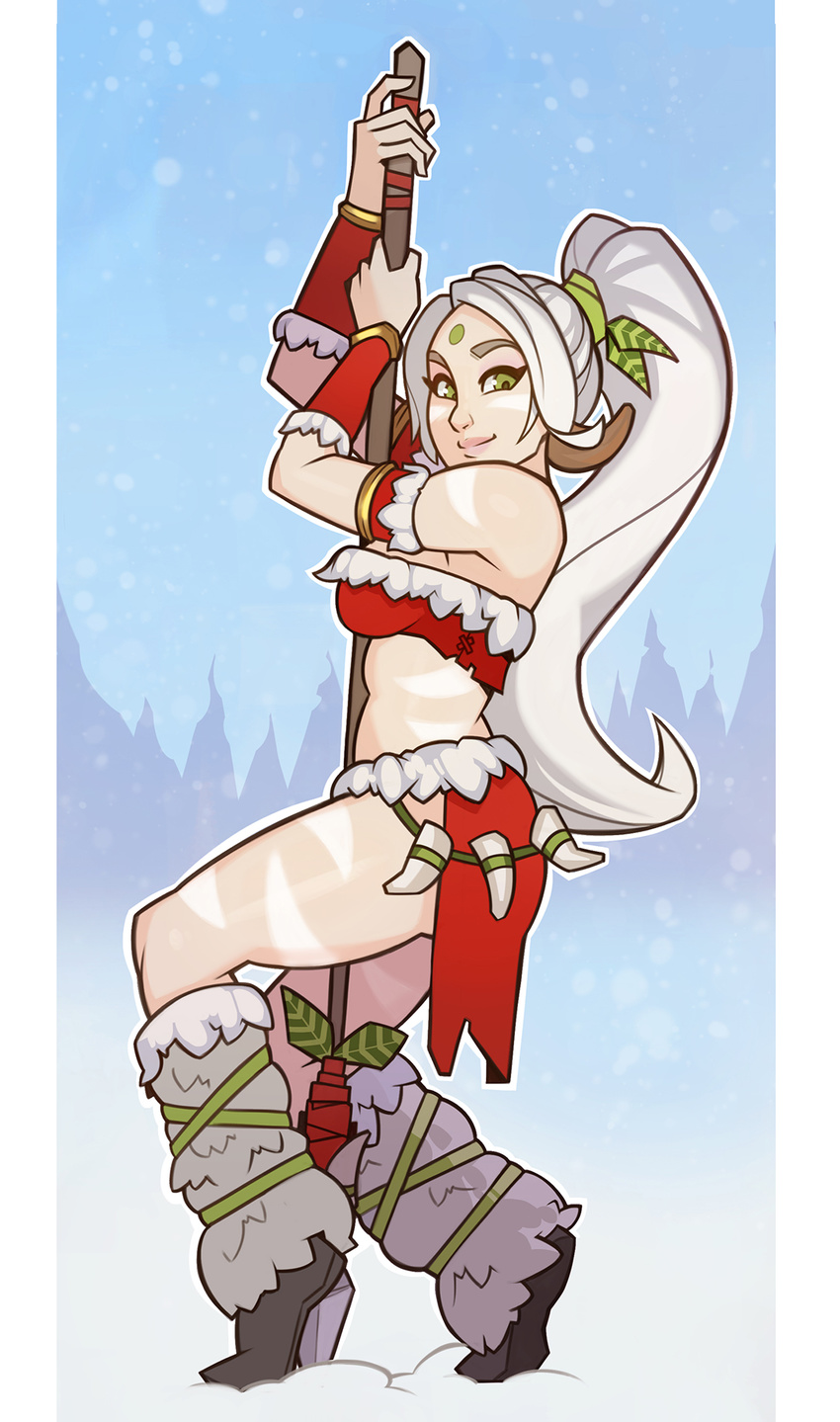 bandeau bodypaint commentary english_commentary facial_mark female forehead_mark from_side full_body green_eyes highres league_of_legends loincloth long_hair midriff nidalee photoshop_(medium) polearm smile snow snow_bunny_nidalee solo splashbrush very_long_hair weapon white_hair