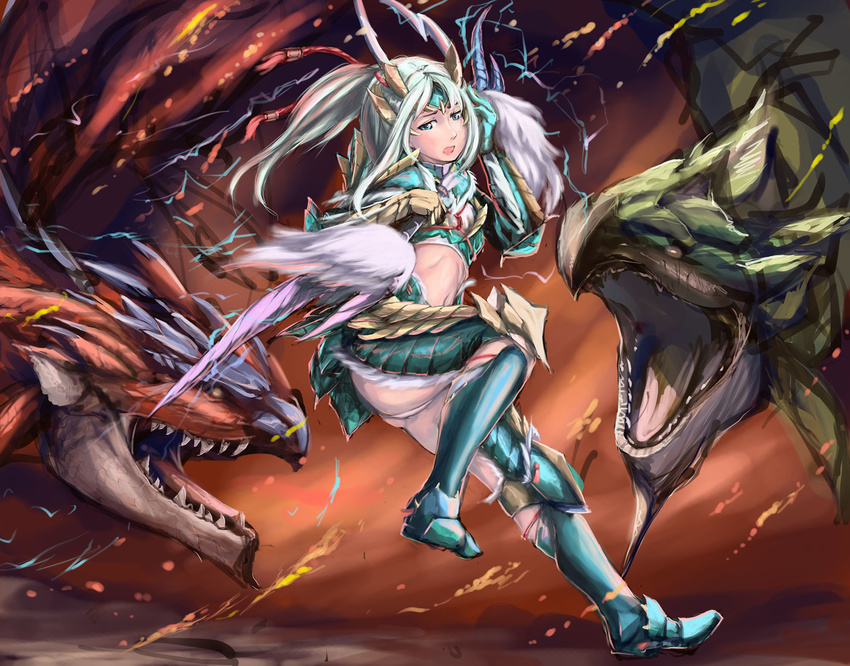 1boy 2girls armor ass blue_eyes capcom doraxi dragon fangs highres long_hair midriff monster monster_hunter multiple_girls navel open_mouth panties rathalos rathian scales silver_hair teeth underwear zinogre_(armor)