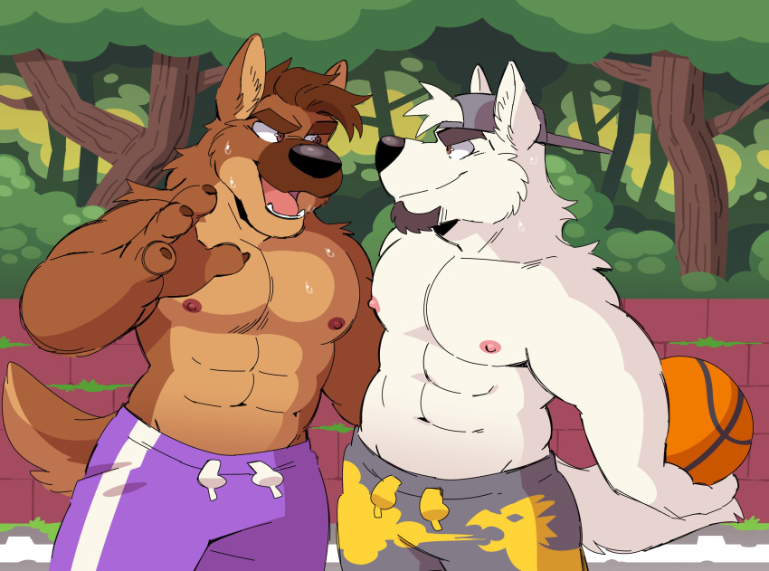 2018 abs absurd_res anthro backwards_baseball_cap backwards_hat baseball_cap biceps black_nose canid canine canis clothed clothing duo facial_hair fur hat headgear headwear hi_res male mammal muscular muscular_male nipples pecs swimwear topless tre_(vasuki) vasuki wolf