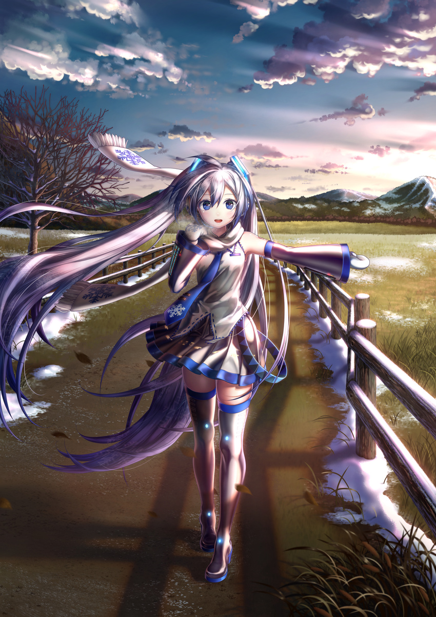 blue_eyes blue_hair boots cloud commentary daisan_oujo detached_sleeves female fence full_body hatsune_miku highres leaf long_hair looking_at_viewer mittens necktie open_mouth outdoors outstretched_arm post_and_rail_fence road scarf skirt sky snow snowflakes solo thigh_boots thighhighs tree twintails very_long_hair vocaloid walking winter wooden_fence yuki_miku yuki_miku_(2011) zettai_ryouiki