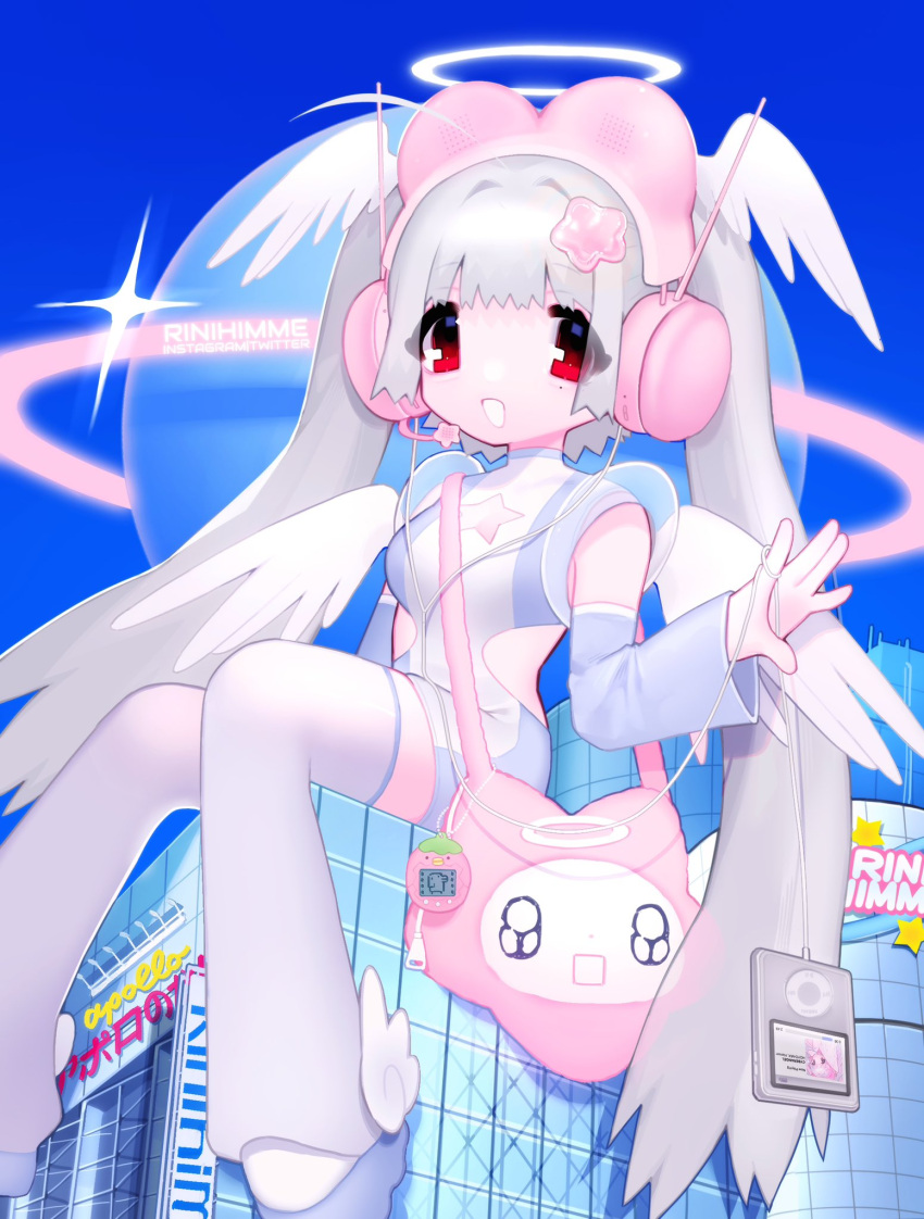 angel ankle_wings apple_inc. artist_name bag blue_footwear bodysuit cleavage_cutout clothing_cutout cyber_fashion detached_sleeves digital_media_player english_text female grey_hair halo handbag head_wings headphones highres ipod ipod_nano looking_at_viewer original pink_headphones planet red_eyes rinihimme shoes sitting solo star_(symbol) tamagotchi tamagotchi_(virtual_pet) thighhighs wings zettai_ryouiki