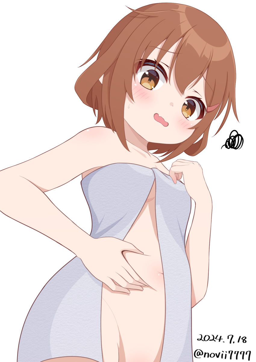 blush breasts brown_eyes brown_hair female grey_towel hair_ornament hairclip highres ikazuchi_(kancolle) kantai_collection naked_towel navel no._vii open_mouth out-of-frame_censoring short_hair small_breasts solo towel