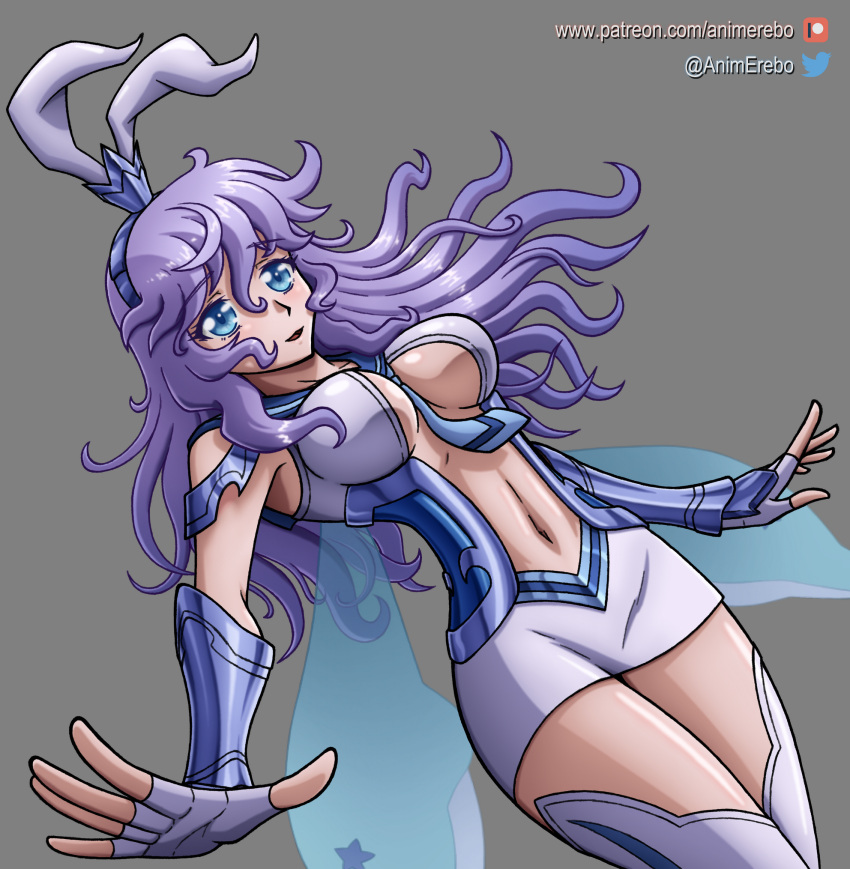 animal_hairband armor blue_eyes breasts collarbone delphinus_yukino_(saint_seiya:_rising_cosmo) female fingerless_gloves gloves grey_background highres large_breasts long_hair navel necktie open_mouth outstretched_arms pablo_animerebo patreon_username purple_hair saint_seiya saint_seiya:_rising_cosmo simple_background smile solo twitter_username unfinished