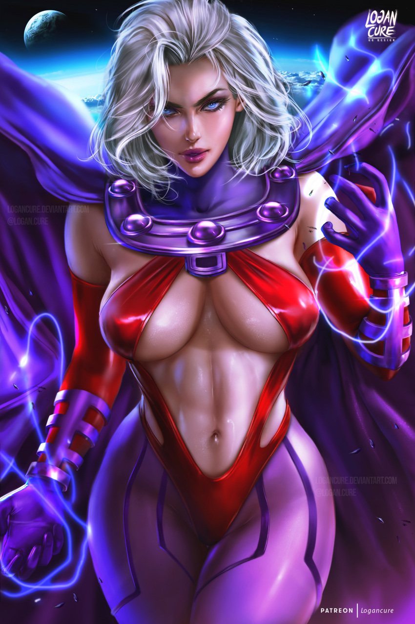 absurdres artist_logo blue_eyes breasts cape clothing_cutout cowboy_shot detached_sleeves deviantart_username electricity eyelashes female genderswap_(mtf) gloves grey_hair highres leotard linea_alba logan_cure magneto marvel navel pantyhose patreon_username planet purple_cape purple_gloves purple_lips purple_pantyhose red_leotard red_sleeves rule_63 solo space stomach_cutout toned twitter_username x-men x-men:_the_animated_series