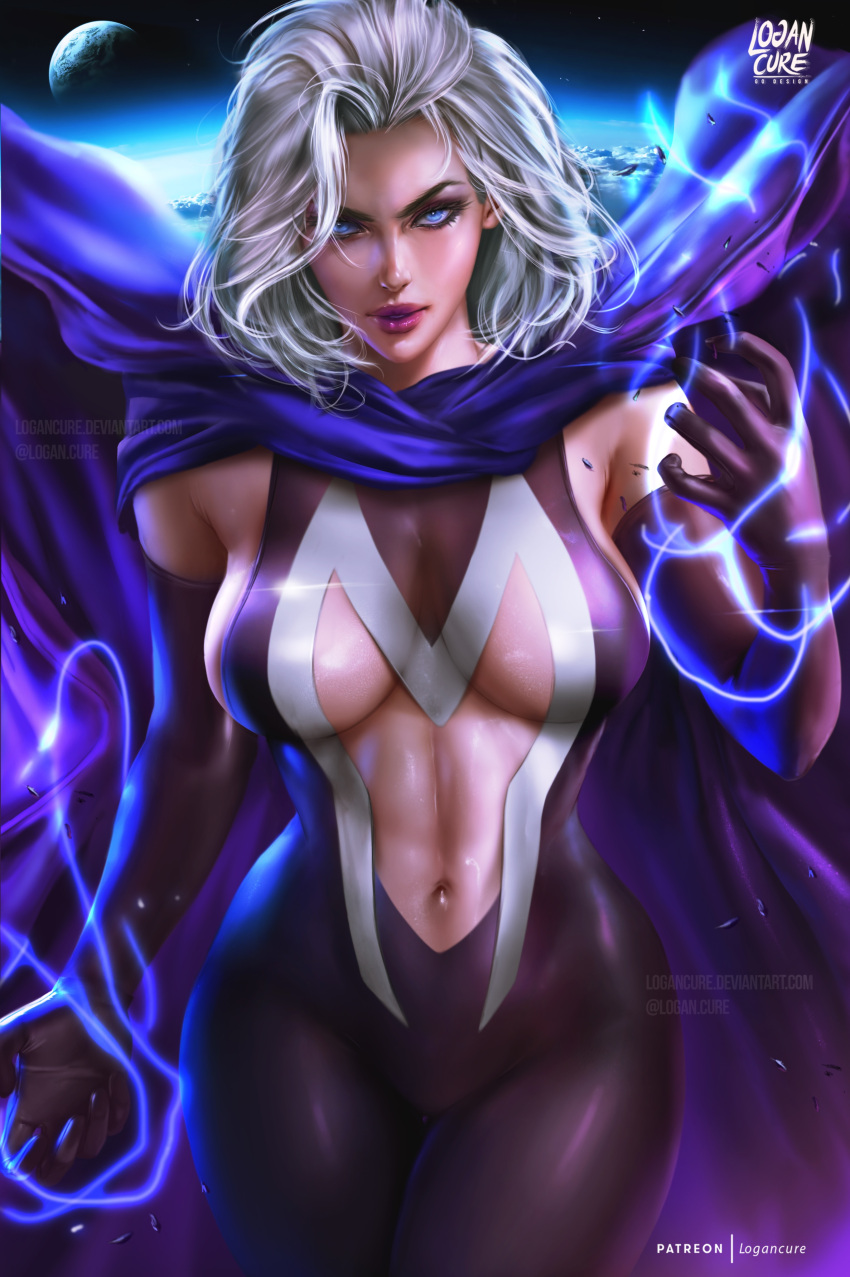 absurdres artist_logo black_bodysuit blue_cape blue_eyes bodysuit breasts cape clothing_cutout deviantart_username elbow_gloves electricity eyelashes female genderswap_(mtf) gloves grey_hair highres linea_alba logan_cure magneto marvel navel patreon_username planet purple_lips rule_63 space stomach_cutout twitter_username watermark x-men x-men:_the_animated_series