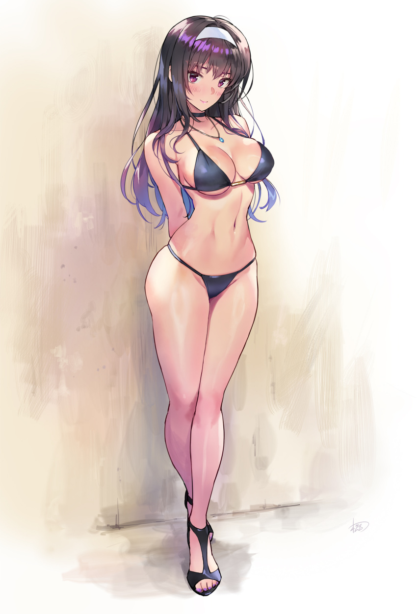 absurdres arms_behind_back bare_legs bikini black_bikini black_choker black_footwear black_hair blue_gemstone blue_hair blush breasts choker closed_mouth commentary_request dated feet female full_body gem gradient_hair hair_between_eyes hairband highres jewelry kasumigaoka_utaha large_breasts legs long_hair looking_at_viewer matsuda_(matsukichi) multicolored_hair nail_polish navel necklace purple_eyes purple_hair purple_nails revision saenai_heroine_no_sodatekata sandals smile solo standing stomach string_bikini swimsuit thighs toenail_polish toenails toes underboob very_long_hair white_hairband