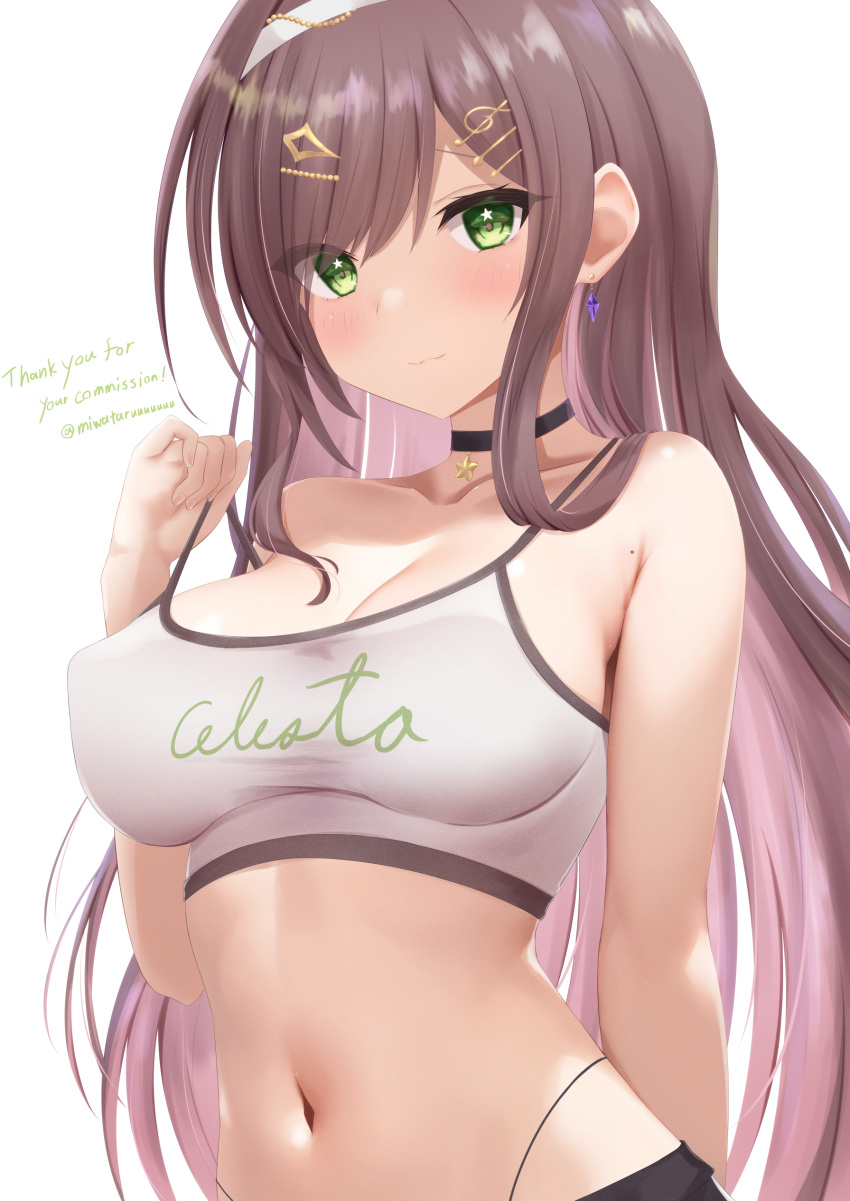 absurdres bare_shoulders blush breasts brown_hair choker cleavage collarbone commentary commission earrings female green_eyes hair_ornament hairband hairclip hairpin highres holding_strap indie_virtual_youtuber jewelry long_hair looking_at_viewer medium_breasts midriff miori_celesta miwataru mole mole_on_armpit multiple_hairpins navel sidelocks simple_background skeb_commission solo star_(symbol) star_choker treble_clef upper_body virtual_youtuber white_background white_hairband