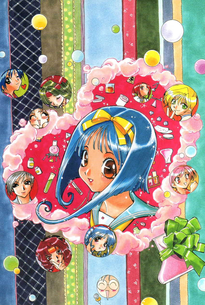 1990s_(style) 6+girls absurdres asuka_120_percent blonde_hair blue_hair blue_sailor_collar bow brown_eyes cathy_wild dark_blue_hair drill_hair drill_sidelocks flask furutachi_ichiko green_hair grey_hair highres honda_asuka houjou_torami ishida_atsuko mitarai_kiyoko multiple_girls non-web_source official_art ookubo_kumi owada_nana pink_hair red_hair retro_artstyle sailor_collar scan shindou_tamaki short_hair sidelocks smile smoke solo_focus suzuki_megumi toyota_karina traditional_media yamazaki_ryuuko yellow_bow