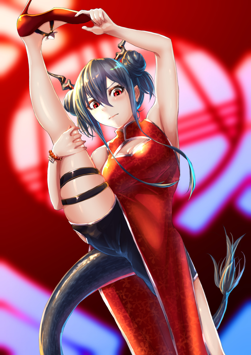 absurdres arknights arm_up armpits bare_arms bare_legs bare_shoulders bead_bracelet beads black_shorts blue_hair blurry blurry_background bracelet breasts ch'en_(ageless_afterglow)_(arknights) ch'en_(arknights) china_dress chinese_clothes cleavage_cutout clothing_cutout commentary_request cowboy_shot double_bun dragon_horns dragon_tail dress female hair_between_eyes hair_bun hand_up high_heels highres horns ikastak jewelry leg_up long_hair looking_at_viewer md5_mismatch medium_breasts official_alternate_costume red_dress red_eyes red_footwear short_shorts shorts sidelocks sleeveless sleeveless_dress solo split standing standing_on_one_leg standing_split tail thigh_strap thighs