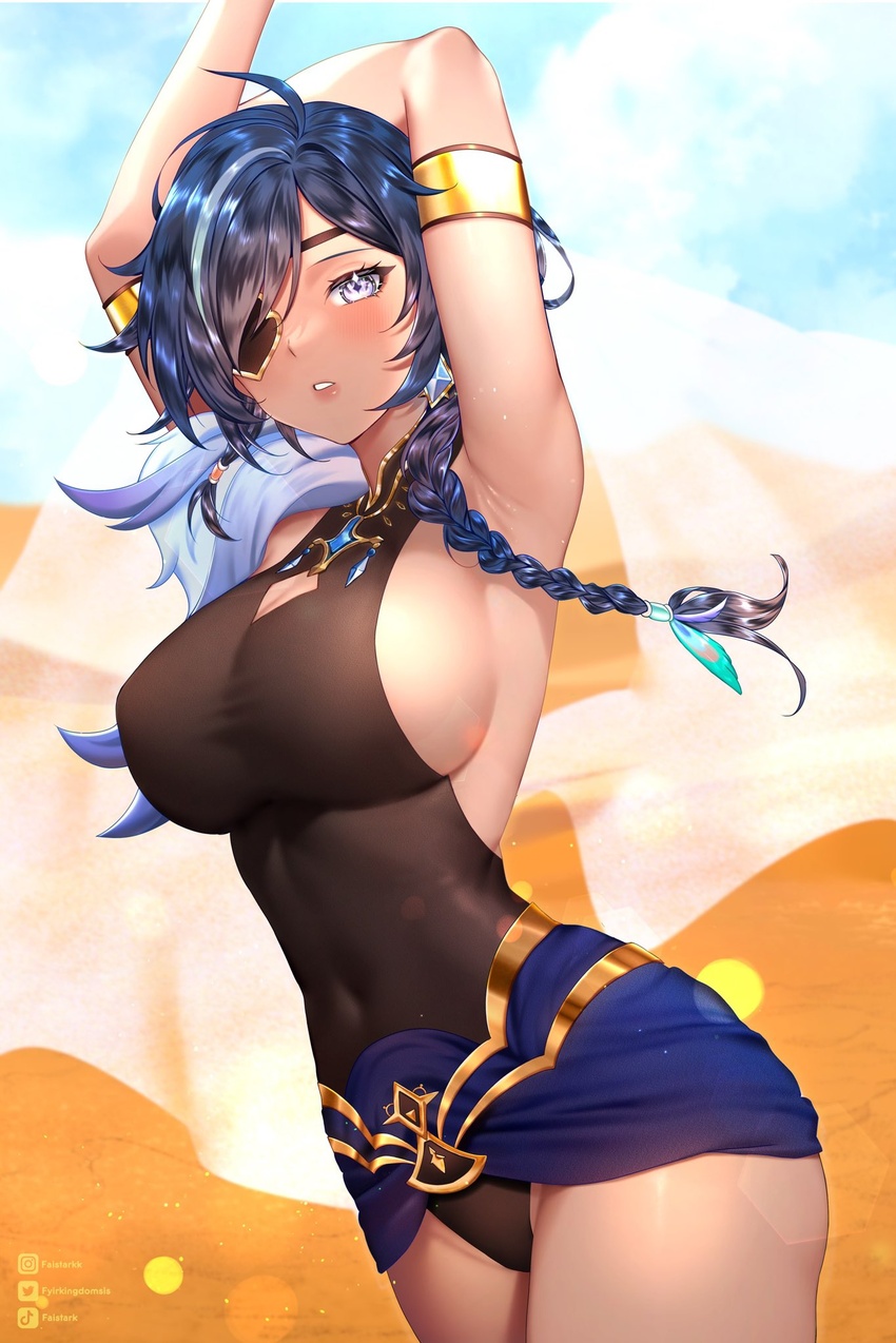 arabian_clothes blue_eyes blue_hair braid breasts cape commentary_request desert earrings eyepatch female fyirkingdomsis genderswap_(mtf) genshin_impact hair_ornament highres instagram_logo instagram_username jewelry kaeya_(genshin_impact) large_breasts long_hair multicolored_hair rule_63 solo thai_commentary tiktok_logo tiktok_username twitter_logo twitter_username white_cape