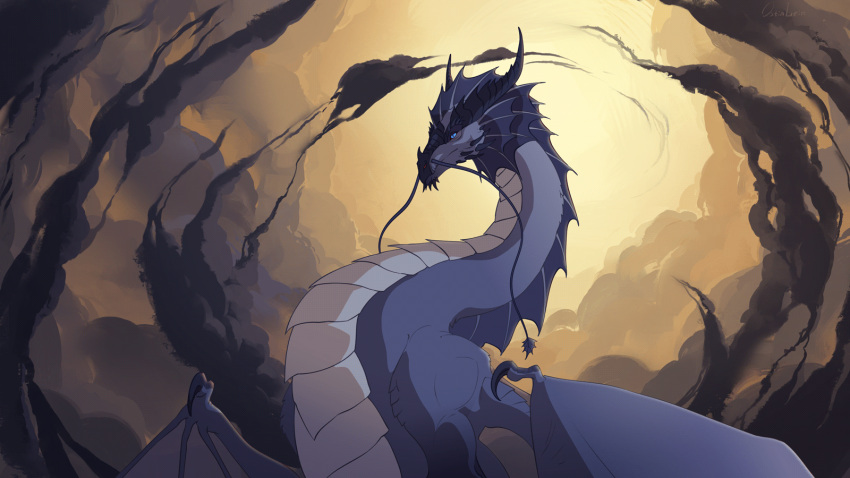 16:9 ambiguous_gender animated barbel_(anatomy) blue_eyes cloud dragon fangs feral flesh_whiskers forked_tongue frame_by_frame frill_(anatomy) grey_body hi_res horn long_neck loop low-angle_view mane maned_dragon membrane_(anatomy) membranous_wings mythological_creature mythological_scalie mythology open_mouth ostinlein scales scalie short_playtime sky solo spikes spikes_(anatomy) spread_wings teeth tongue unknown_character white_body widescreen wings