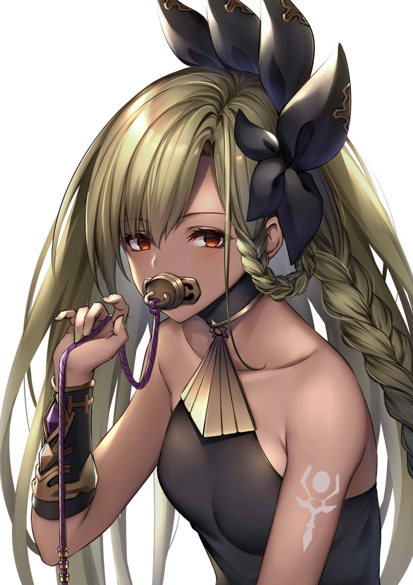 bare_shoulders black_dress black_ribbon blonde_hair blush bracer braid breasts commentary dark-skinned_female dark_skin dress female granblue_fantasy green_nails hair_ribbon helel_ben_shalem highres holding long_hair nail_polish pacifier red_eyes ribbon shoulder_tattoo sleeveless sleeveless_dress small_breasts solo tattoo upper_body very_long_hair ym_(distance819)