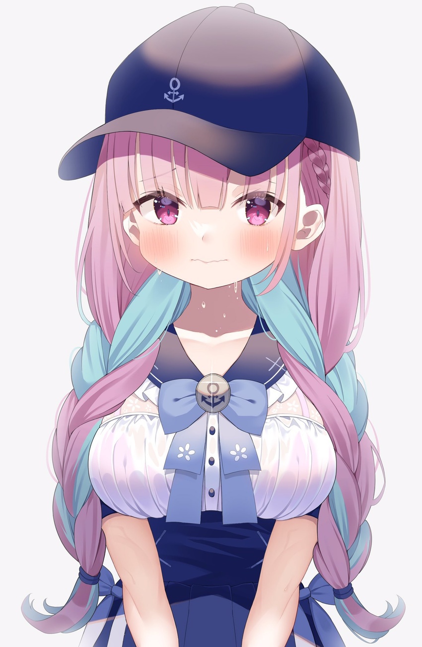 blue_hair blush braid breasts female hat highres hololive long_hair low_twintails minato_aqua minato_aqua_(sailor) multicolored_hair official_alternate_costume purple_eyes purple_hair shokorate simple_background solo twin_braids twintails two-tone_hair virtual_youtuber white_background