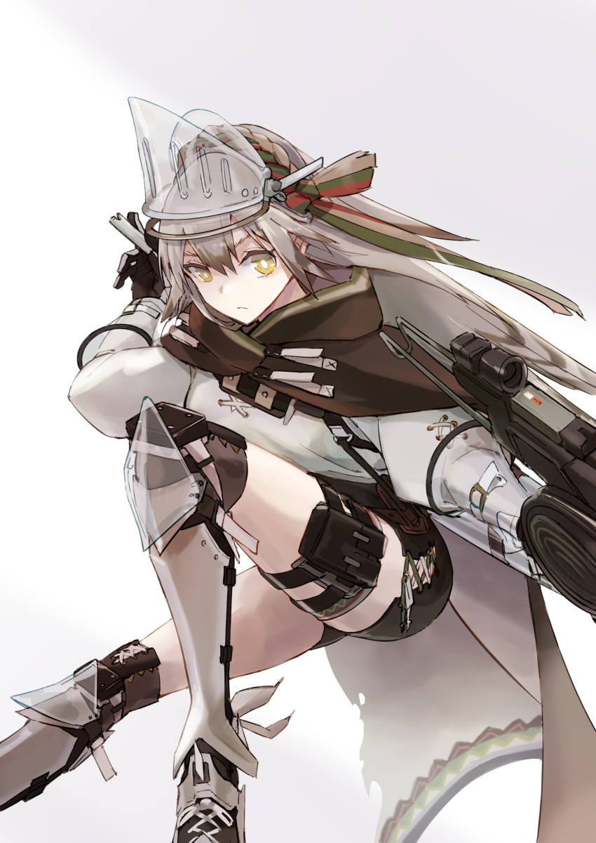 arknights armored_boots black_gloves black_shorts boots bright_pupils closed_mouth e-bushi fartooth_(arknights) feather_hair female gloves grey_hair gun highres holding holding_weapon knee_boots knee_pads long_hair long_sleeves looking_at_viewer pouch rifle shin_guards shirt short_shorts shorts simple_background sniper_rifle solo thigh_pouch thigh_strap very_long_hair visor_(armor) weapon white_background white_shirt yellow_eyes