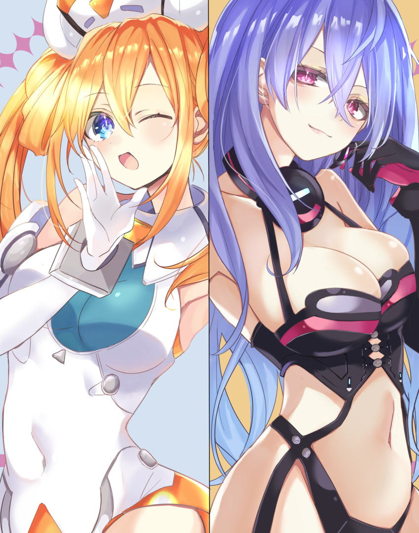 2girls ;d arm_up armpits bare_shoulders black_gloves black_leotard blue_eyes blue_hair blush breasts cleavage covered_navel earrings elbow_gloves from_side gloves gradient_hair hair_between_eyes hair_rings hand_on_own_cheek hand_on_own_face hand_to_own_mouth hand_up hat highres iris_heart jewelry kami_jigen_game_neptune_v large_breasts leotard long_hair looking_at_viewer medium_breasts moya_44444 multicolored_hair multiple_girls navel neptune_(series) nurse_cap one_eye_closed orange_hair orange_heart_(neptunia) power_symbol power_symbol-shaped_pupils purple_hair revealing_clothes shin_jigen_game_neptune_vii skin_tight smile symbol-shaped_pupils twintails very_long_hair white_gloves white_leotard