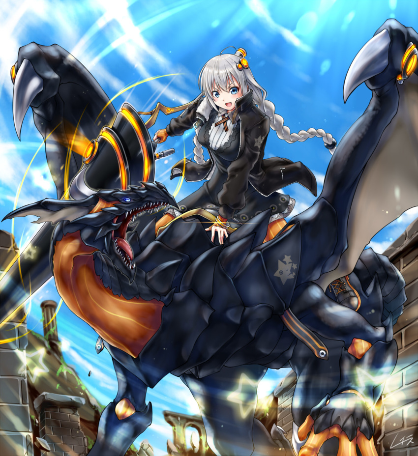 arch black_dress black_jacket blue_eyes blue_sky braid commentary day dragon dress female fingerless_gloves full_body gloves grey_hair hair_ornament highres holding holding_weapon huge_weapon jacket kizuna_akari light_blush long_hair looking_at_viewer neon_lights not_makigai open_mouth orange_gloves outdoors pillar riding ruins sharp_teeth sky smile sparkle sword teeth twin_braids v-shaped_eyebrows vocaloid voiceroid weapon wings wristband