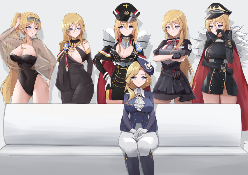 6+girls absurdres ascot azur_lane bismarck_(azur_lane) bismarck_(beacon_of_the_iron_blood)_(azur_lane) bismarck_(iron_black_elysium)_(azur_lane) bismarck_zwei_(azur_lane) bismarck_zwei_(crystal-clear_holiday)_(azur_lane) black_cape black_dress black_footwear black_gloves black_headwear black_one-piece_swimsuit blonde_hair blue_eyes boots bow bowtie breasts cape casual_one-piece_swimsuit chinese_commentary cleavage commentary_request couch covered_navel cross crossed_arms dress eyewear_on_head frown fur-trimmed_cape fur_trim gaizhuang_no_tianlangxing-shiriasu gloves hat highres hood_(azur_lane) hood_(gentlewoman_and_stallion)_(azur_lane) iron_cross knee_boots large_breasts looking_at_another looking_at_viewer meme multiple_girls multiple_persona one-piece_swimsuit pants peaked_cap piper_perri_surrounded_(meme) purple_headwear purple_shirt riding_boots riding_outfit see-through shirt sitting smile sunglasses swimsuit tight_clothes tight_pants white_ascot white_gloves yuri