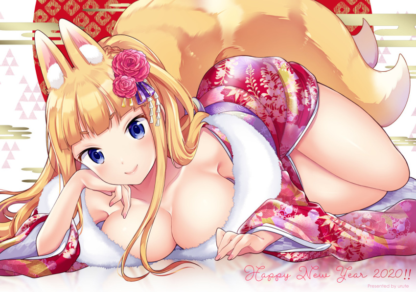 2020 animal_ear_fluff animal_ears blonde_hair blue_eyes blush breasts cleavage closed_mouth collarbone commentary_request female floral_print flower fox_ears fox_tail furisode hair_flower hair_ornament happy_new_year japanese_clothes kimono large_breasts lips long_hair long_sleeves looking_at_viewer lying miyano_ururu multiple_tails new_year obi off_shoulder original red_flower sash smile solo tail