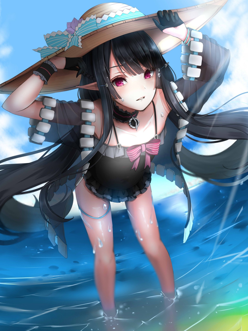 anette_(pso2) arane_(lolitwin) bent_over black_hair casual_one-piece_swimsuit female hat highres legs long_hair looking_at_viewer ocean one-piece_swimsuit outdoors phantasy_star phantasy_star_online_2 pink_eyes pointy_ears see-through sidelocks solo standing swimsuit swimsuit_under_clothes thighs