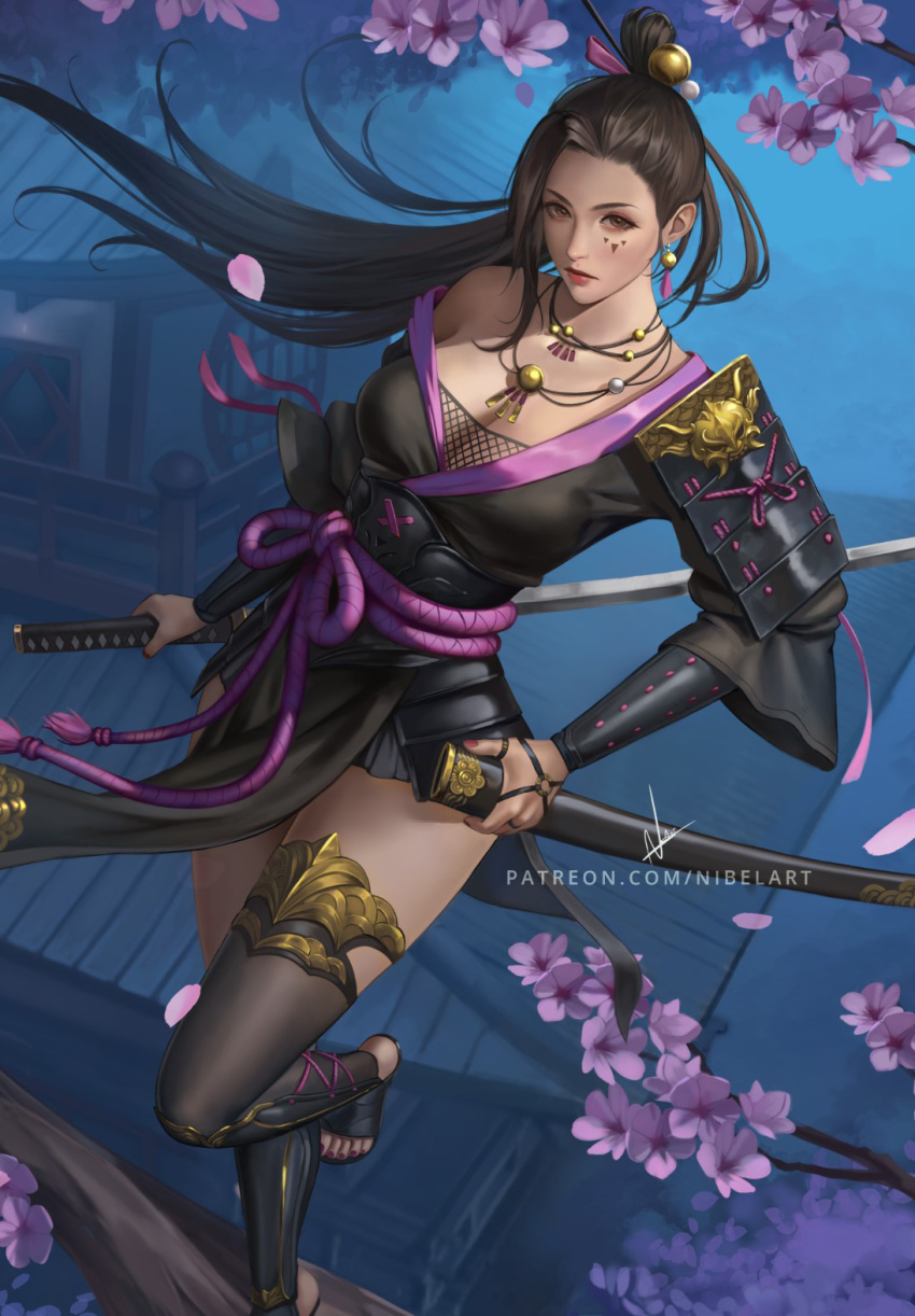 architecture armor artist_name black_hair branch breasts brown_eyes cherry_blossoms cleavage commentary commission east_asian_architecture english_commentary expressionless facial_mark female highres holding holding_sheath holding_sword holding_weapon japanese_armor jewelry katana looking_at_viewer medium_breasts necklace nibelart night original patreon_username petals ponytail red_lips red_nails reverse_grip sandals saya_(scabbard) scabbard sheath shoulder_armor signature sode solo standing standing_on_branch standing_on_one_leg sword thighhighs toes unsheathed weapon web_address