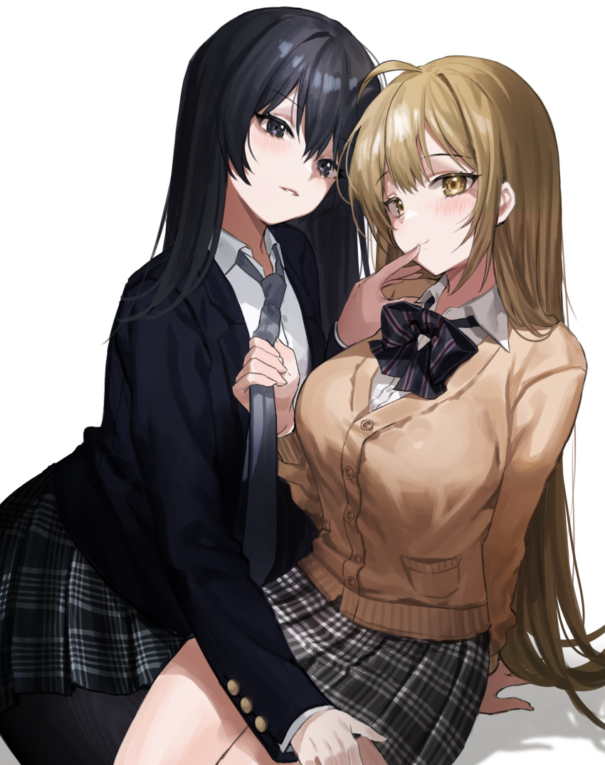 2girls absurdres arm_support bad_id bad_pixiv_id black_bow black_bowtie black_eyes black_hair black_jacket black_necktie blush bow bowtie breasts brown_cardigan brown_eyes brown_hair cardigan chungu closed_mouth collared_shirt commentary_request hand_on_another's_thigh highres jacket large_breasts long_hair long_sleeves looking_at_viewer multiple_girls necktie necktie_grab neckwear_grab original parted_lips plaid plaid_skirt pleated_skirt school_uniform shirt simple_background skirt smile thighs white_background white_shirt yuri