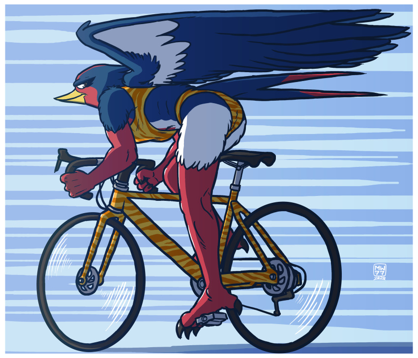 2020 4_toes absurd_res anthro anthrofied ass athletic athletic_anthro athletic_female barefoot beak bicycle bikini border breasts claws clothed clothing cycling feathered_wings feathers feet female generation_3_pokemon hi_res looking_at_viewer megawolf77 multicolored_body nintendo pokemon pokemon_(species) pokemorph soles solo sports_bikini sports_panties swellow swimwear talons toes vehicle white_border wings yellow_clothing