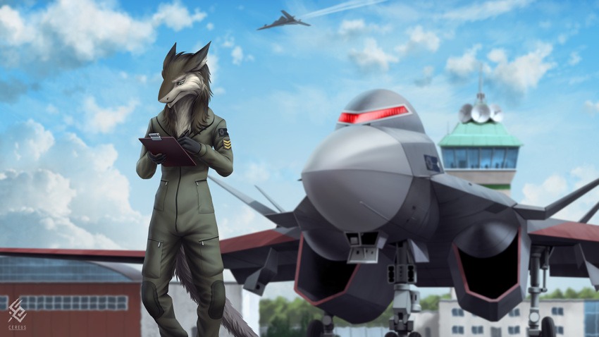 ace_combat ace_combat_7 aircraft airplane anthro blue_sky cereus93 cheek_tuft clothed clothing cloud detailed_background ears_back facial_tuft fur green_eyes green_uniform grey_body grey_fur holding_note_pad jet male mouth_closed outside pivoted_ears sergal sky solo standing tail tuft vehicle white_body white_fur x-02s_strike_wyvern