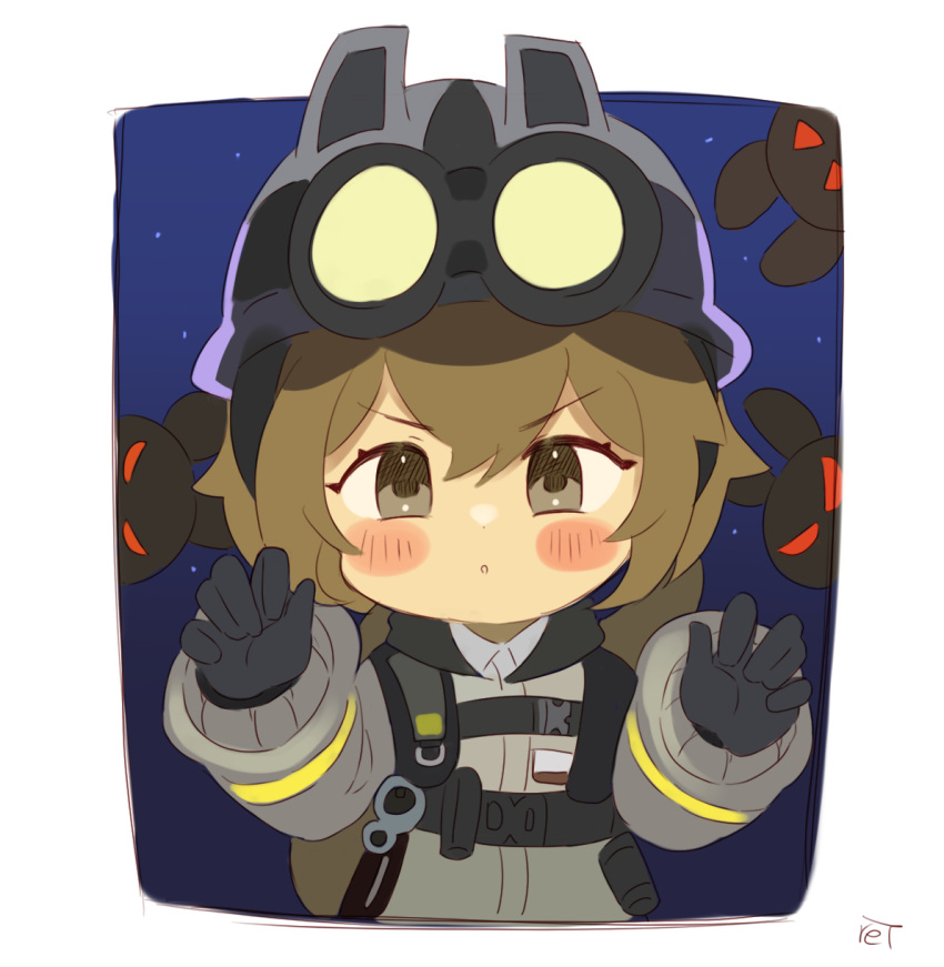 animal_ears arknights backpack bag black_gloves blush brown_eyes brown_hair collared_vest commentary ears_through_headwear eyewear_on_head female framed gloves grabbing hair_between_eyes helmet highres long_sleeves looking_at_viewer night night_sky official_alternate_costume open_mouth outside_border red_eyes retxoxt shaw_(arknights) shaw_(cleansweeper_in_the_castle)_(arknights) short_hair signature sky solo squirrel squirrel_ears squirrel_tail tail upper_body vest white_background