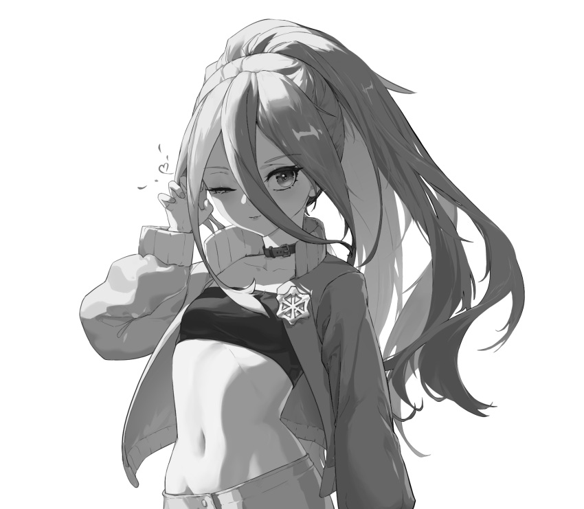 choker crop_top female flat_chest greyscale hand_up heart highres jacket jiangyu_zhangyu kemono_jihen long_hair long_sleeves looking_at_viewer monochrome navel one_eye_closed simple_background solo standing tademaru_aya white_background