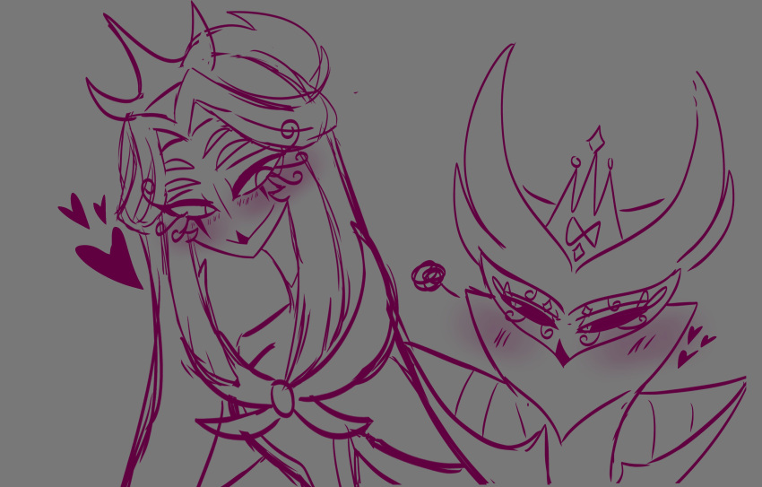 absurd_res anthro avian bird black_eyes blush colored_line_art crown duo eye_contact female grey_background hair headgear heart_symbol helluva_boss hi_res long_hair looking_at_another male owl owl_demon paimon_(helluva_boss) pink_line_art queen_octavia_(teathekook) simple_background teathekook white_eyes