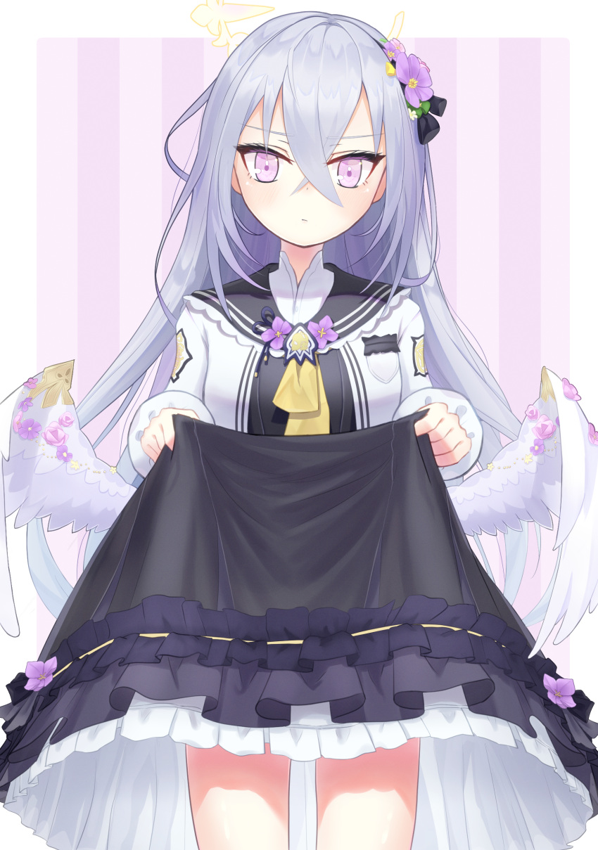 absurdres azusa_(blue_archive) blue_archive blush calciumin closed_mouth clothes_lift feathered_wings female flower grey_hair hair_between_eyes hair_flower hair_ornament halo highres lifting_own_clothes long_hair looking_at_viewer purple_eyes school_uniform skirt skirt_lift solo white_wings wings