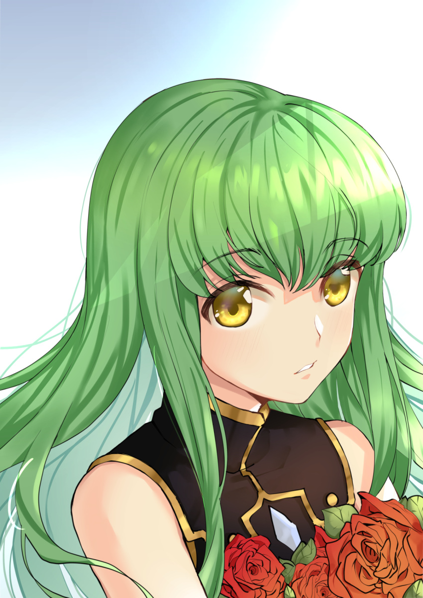 ai-nohikari c.c. code_geass female flower green_hair hair_between_eyes highres long_hair parted_lips red_flower red_rose rose solo straight_hair upper_body white_background yellow_eyes