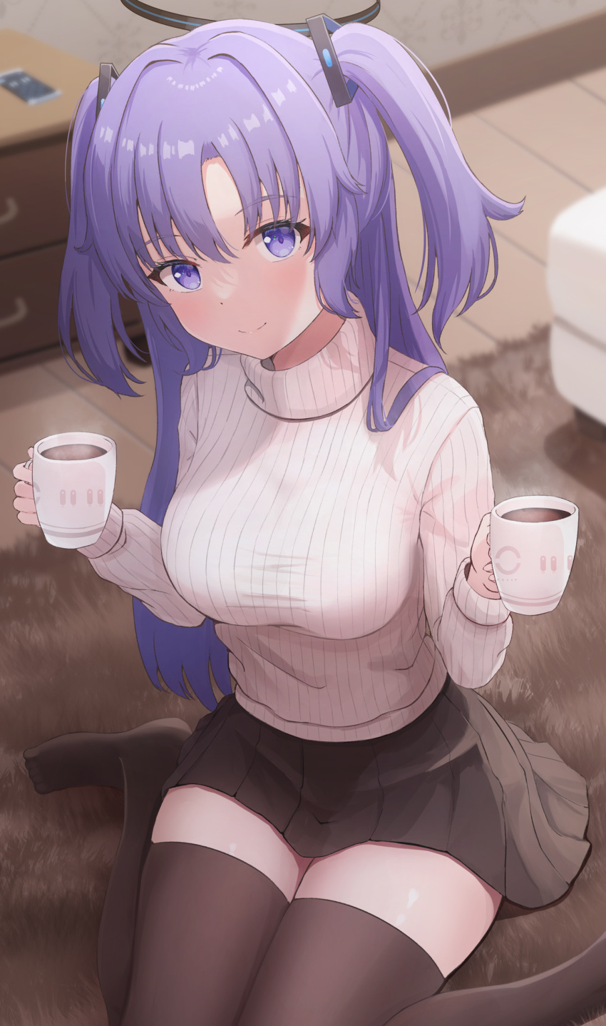 alternate_costume black_skirt blue_archive breasts brown_thighhighs closed_mouth coffee_mug cup female hair_ornament halo highres hikkyou holding holding_cup long_hair long_sleeves looking_at_viewer md5_mismatch mechanical_halo medium_breasts miniskirt mug no_shoes on_floor pleated_skirt purple_eyes purple_hair ribbed_sweater sitting skirt smile solo sweater taut_clothes taut_sweater thighhighs turtleneck turtleneck_sweater two_side_up wariza white_sweater yuuka_(blue_archive) zettai_ryouiki