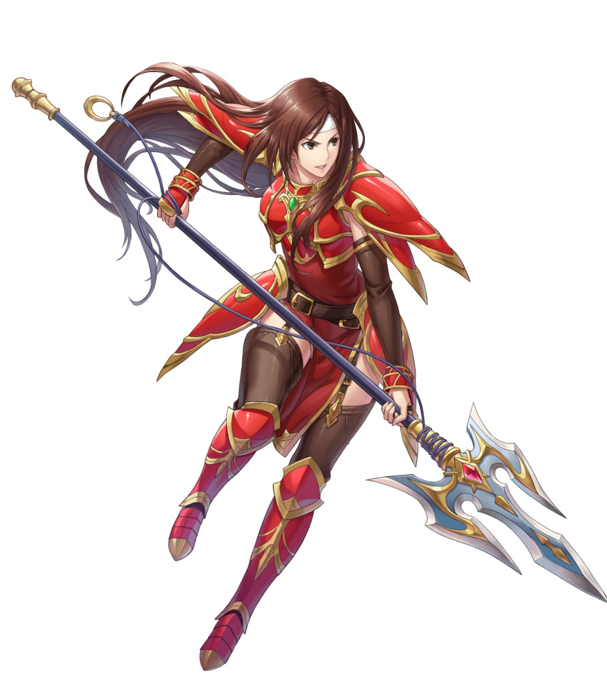 altena_(fire_emblem) armor armored_boots boots breastplate brown_eyes brown_hair dress elbow_gloves female fire_emblem fire_emblem:_genealogy_of_the_holy_war fire_emblem:_thracia_776 fire_emblem_heroes full_body gae_bolg_(fire_emblem) gloves headband highres holding holding_polearm holding_weapon kibayashi_senri lips lipstick long_hair makeup non-web_source official_art parted_lips pelvic_curtain polearm red_armor red_dress shiny_clothes short_dress shoulder_armor solo spear thigh_strap thighhighs transparent_background very_long_hair weapon