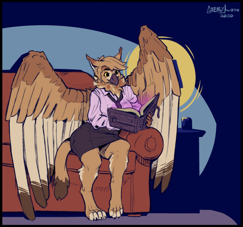 avian barefoot bird book bottomwear clothing digitigrade dress_shirt feathered_wings feathers female furniture greasymojo gryphon holding_book holding_object magic necktie owl reading shirt skirt sofa solo sona_(noxiis) topwear wings