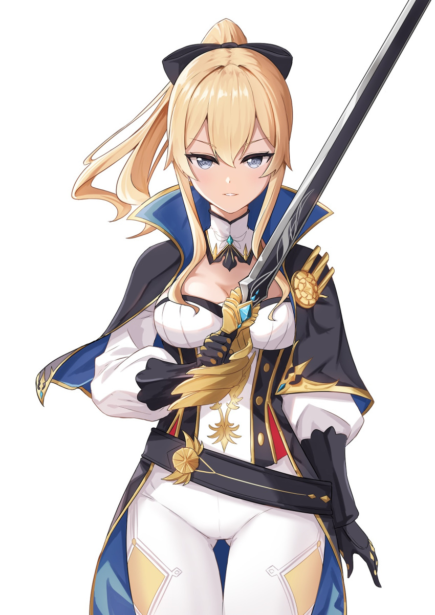 black_bow blonde_hair blue_eyes blush bow cape cowboy_shot favonius_sword_(genshin_impact) female genshin_impact gloves hairbow half-closed_eyes highres holding holding_weapon jean_(genshin_impact) levy_(comradlevy) pants ponytail simple_background smile solo sword weapon white_background white_pants