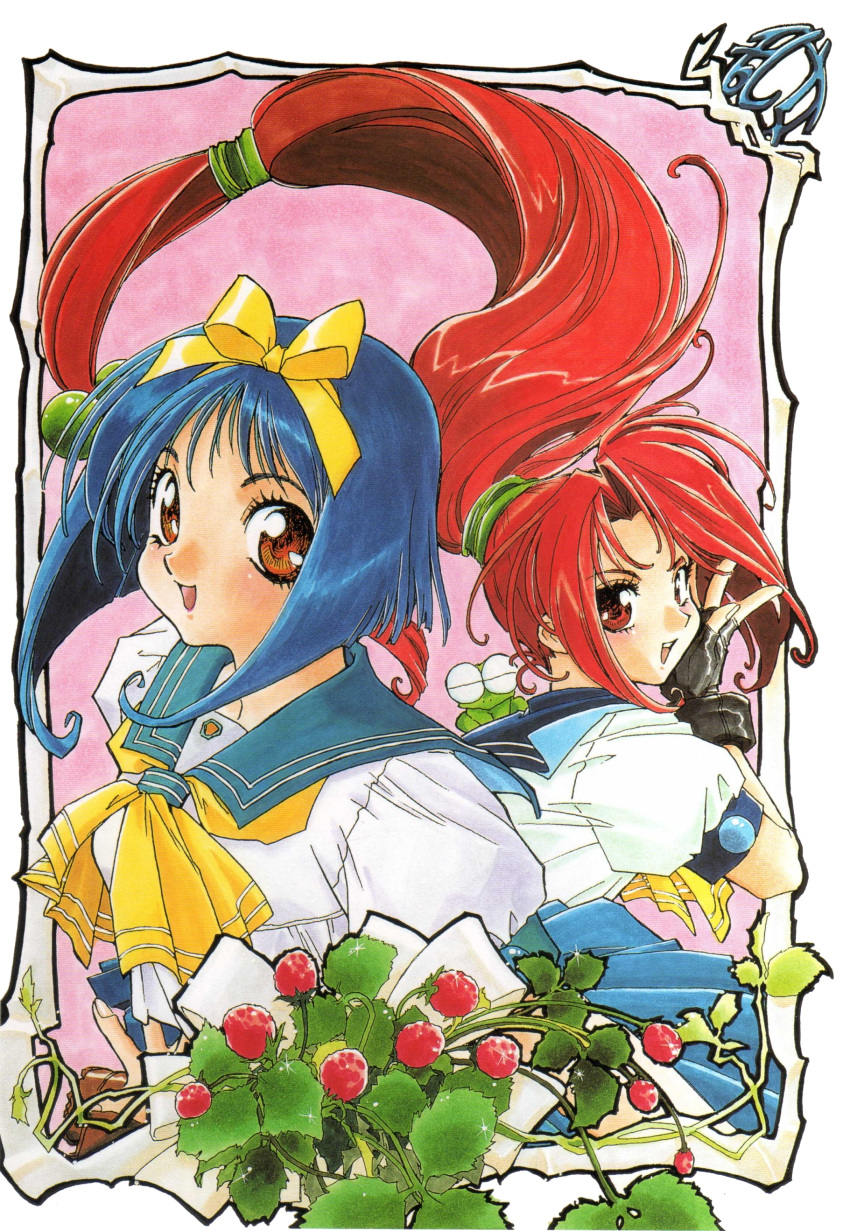 1990s_(style) 2girls absurdres asuka_120_percent berry black_gloves blue_hair blue_sailor_collar blue_skirt bow brown_eyes dark_blue_hair fingerless_gloves floating_hair food framed frog fruit gloves hair_ribbon hairbow high_ponytail highres honda_asuka ishida_atsuko long_hair low-tied_long_hair marker_(medium) multiple_girls neckerchief non-web_source official_art open_mouth pink_background pleated_skirt ponytail red_eyes red_hair retro_artstyle ribbon sailor_collar scan school_uniform serafuku short_hair short_sleeves skirt smile strawberry toyota_karina traditional_media very_long_hair yellow_bow