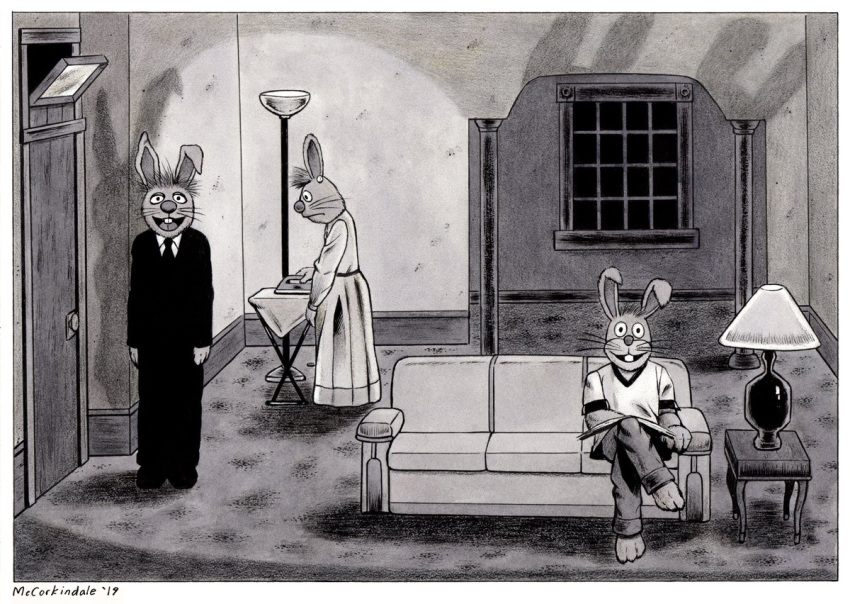 2019 bonnie_rabbit border bruce_mccorkindale buckteeth building carpet clothing door dress female furniture house inland_empire ironing ironing_board lagomorph lamp leporid looking_at_viewer male mammal monochrome muppets necktie preston_rabbit rabbit rodney_(muppets) shirt signature sofa suit t-shirt teeth topwear whiskers white_border window