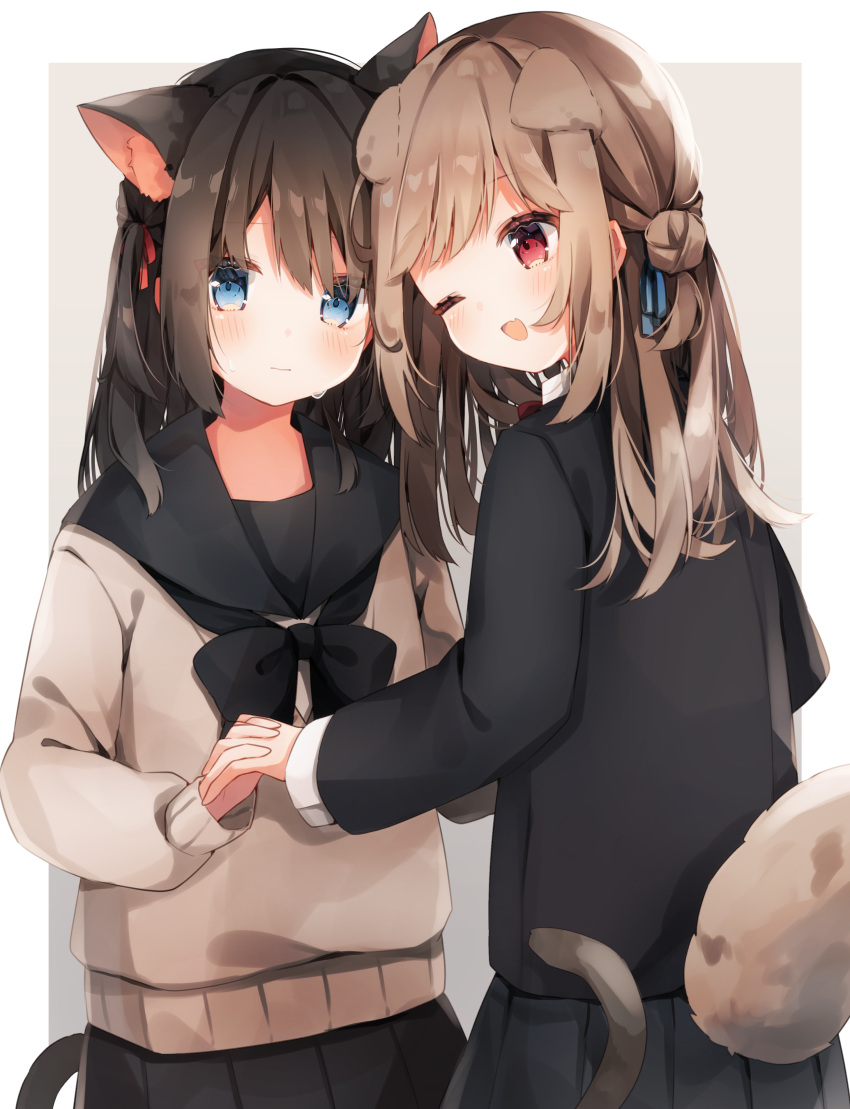 2girls ;d absurdres animal_ear_fluff animal_ears black_bow black_hair black_jacket black_sailor_collar black_skirt blue_eyes bow brown_hair brown_sweater cat_ears cat_girl cat_tail commentary_request cowboy_shot dog_ears dog_girl dog_tail from_behind heripiro highres holding_hands jacket long_hair looking_at_viewer multiple_girls one_eye_closed open_mouth original red_eyes sailor_collar school_uniform skirt smile standing sweater tail yuri