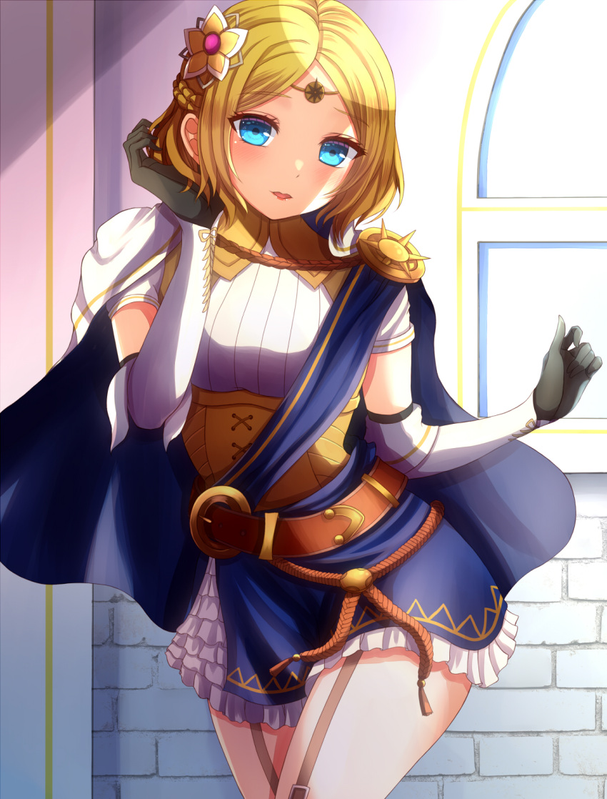 belt blonde_hair blue_eyes boots braid cape castle circlet corset female fire_emblem fire_emblem_warriors flower frilled_skirt frills garter_straps gloves hair_flower hair_ornament hairpin highres lianna_(fire_emblem) parted_lips princess sash short_hair skirt sunflower sunflower_hair_ornament thigh_boots thighhighs thighs tiara tucking_hair upper_body waiting_for_kiss wall yozu_(yozu0420)