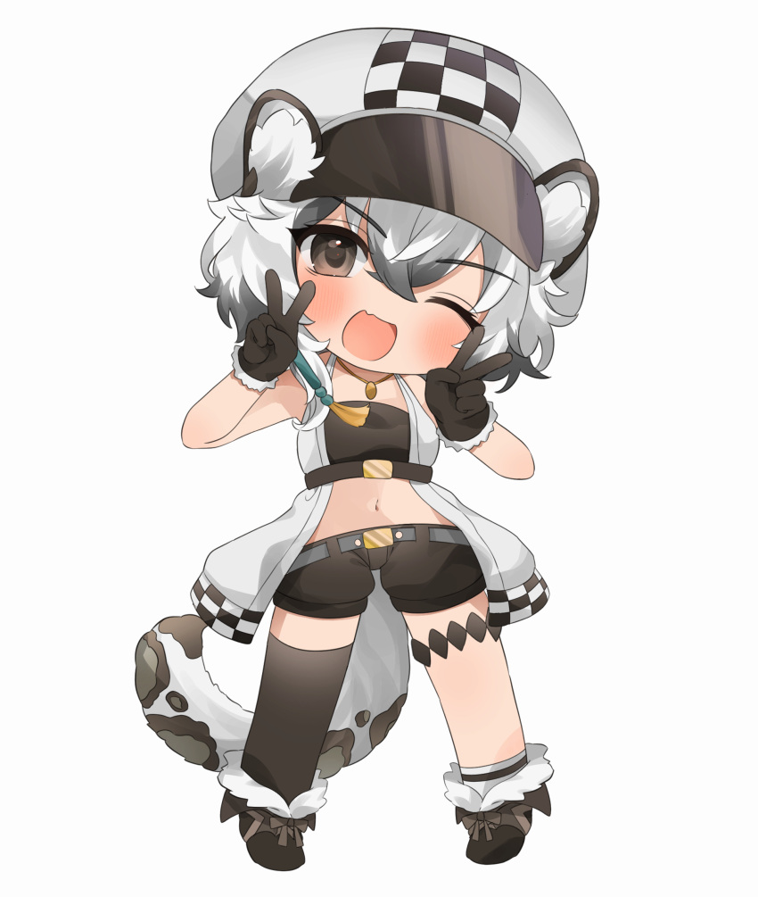 ;d absurdres animal_ear_fluff animal_ears arknights asymmetrical_legwear bare_shoulders black_footwear black_gloves black_legwear black_shorts blush brown_eyes cabbie_hat checkered_clothes checkered_headwear chibi cliffheart_(arknights) commentary_request crop_top double_v female full_body fur-trimmed_gloves fur_trim gloves grey_background grey_hair hair_between_eyes hands_up hat highres jacket multicolored_hair navel oerba_yun_fang one_eye_closed open_clothes open_jacket shoes short_shorts shorts simple_background single_sock single_thighhigh sleeveless sleeveless_jacket smile snow_leopard_ears snow_leopard_girl snow_leopard_tail socks solo standing streaked_hair tail takumi_mizuki thighhighs v v-shaped_eyebrows white_hat white_legwear