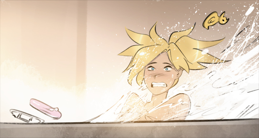 bathing bathtub blonde_hair blue_eyes clenched_teeth commentary completely_nude constricted_pupils english_commentary female i'm_not_at_the_beach_this_is_a_bathtub_(meme) implied_orgasm long_hair meme mercy_(overwatch) nude overwatch overwatch_1 parody partially_submerged ponytail psuede solo teeth water